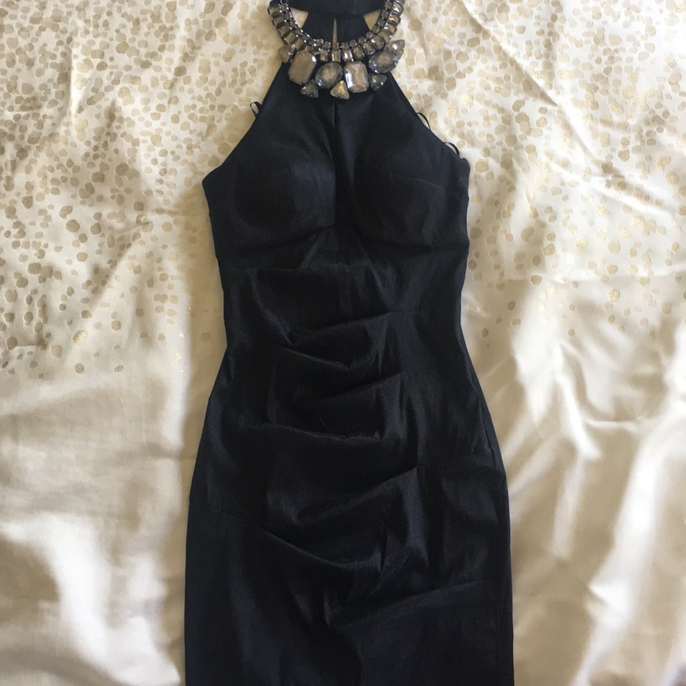 Blocked, jeweled neck cocktail dress